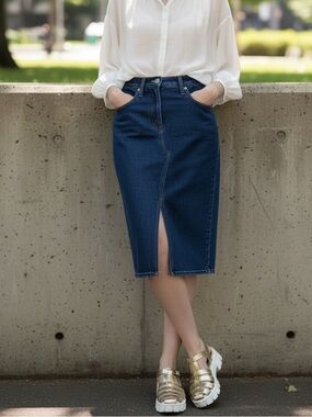J. Crew Dark Blue Denim Midi Pencil Skirt with Front Slit Size 26/ 2
